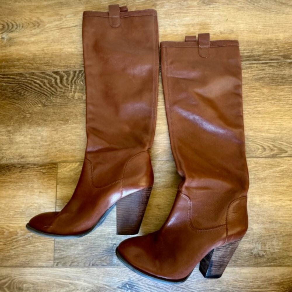 Vince Camuto Braden Brown Leather Stacked Heel Knee High Boots